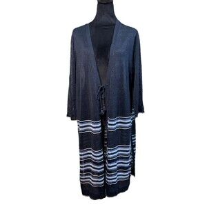 NWT J Jill Cardigan Sweater Womens Linen Blue Striped Front Tie Boho Duster